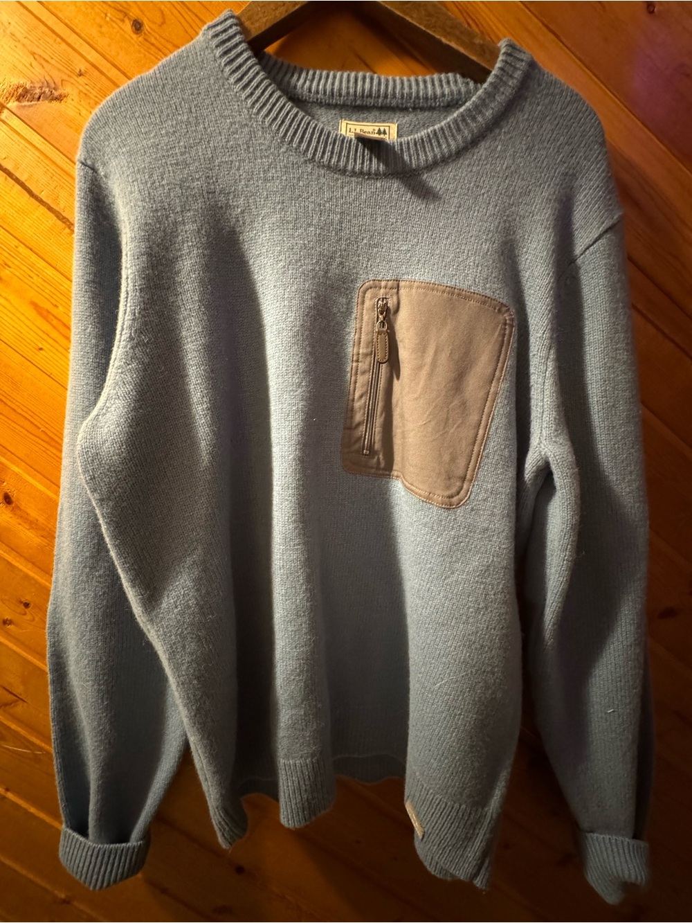 L.L. Bean Light Blue Crewneck Sweater with Tan Zip Chest Pocket wool